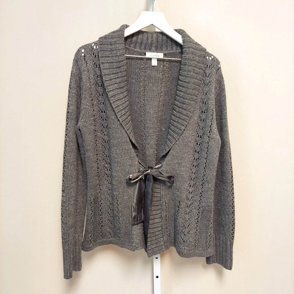 Dressbarn XL Gray Pointelle Knit Cardigan Shawl CollarTie Coquette Balletcore